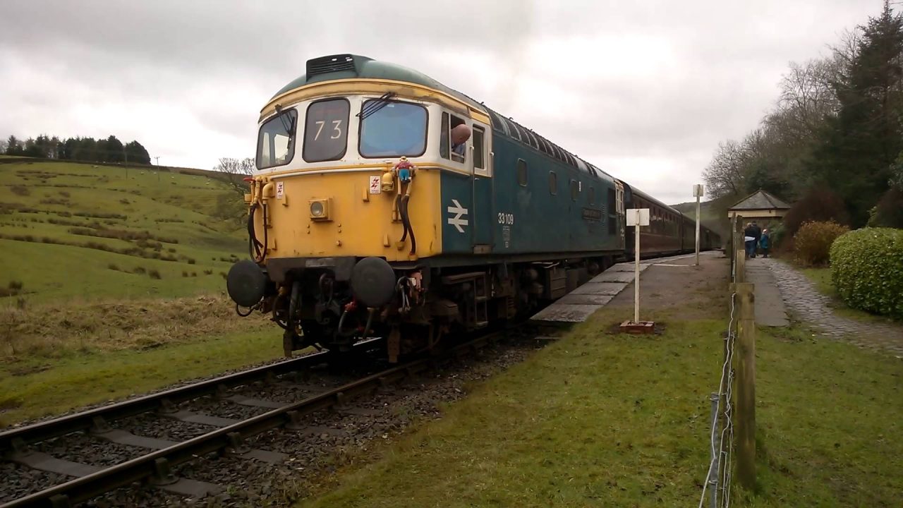 Class 33 No. 33109 departs Irwell Vale on the East Lancs Railway during their 2016 Spring Diesel Gala