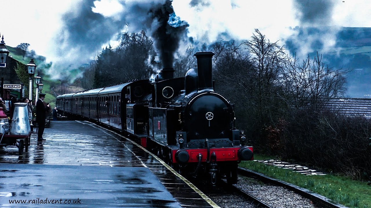 No. 1054 and 85 steam through Oakworth at the Winter Steam Gala at the Keighley & Worth Valley Railway