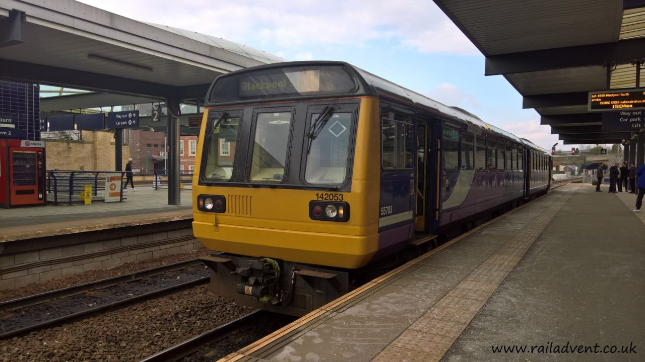 Arriva Rail North 142053 at Blackburn with a Colne - Blackpool South Service