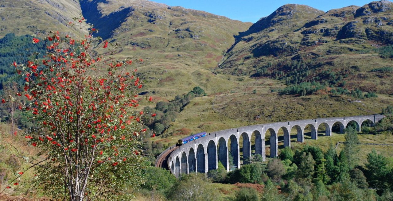 ScotRail 156 crosses the Glenfinnan Viaduct (used in the Harry Potter films)