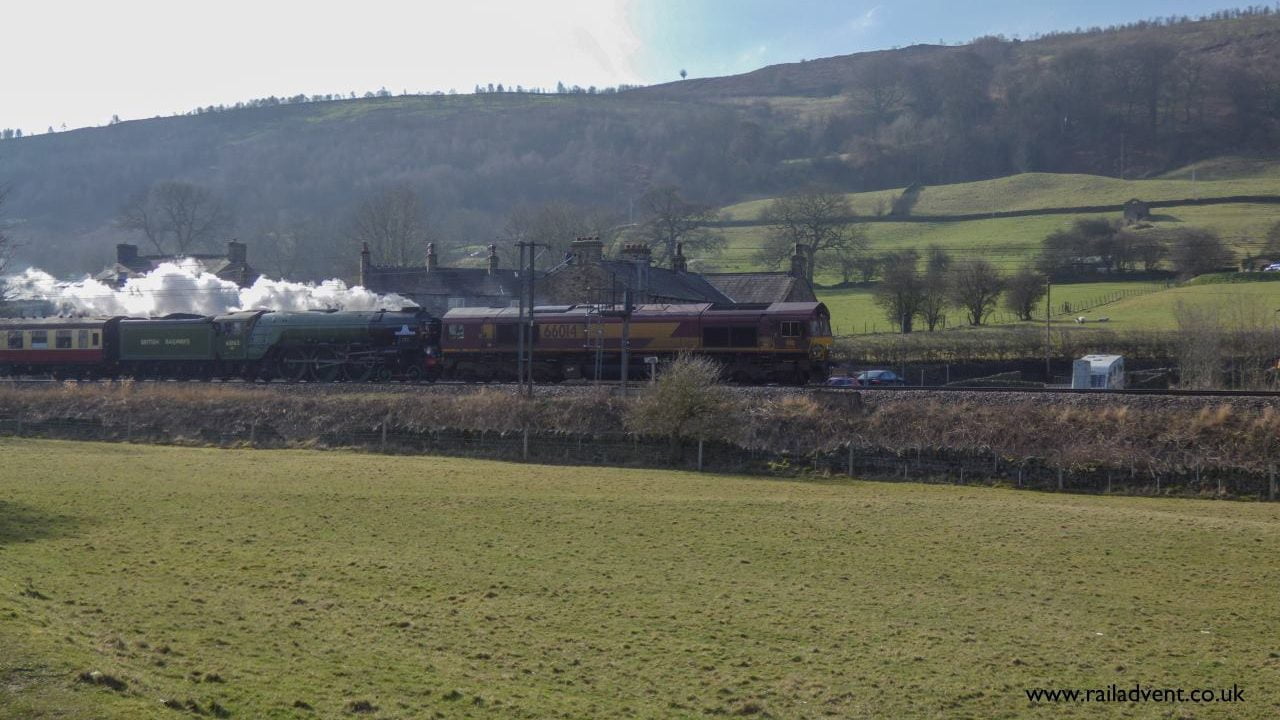 Steam locomotive Tornado with a class 66 at Cononley