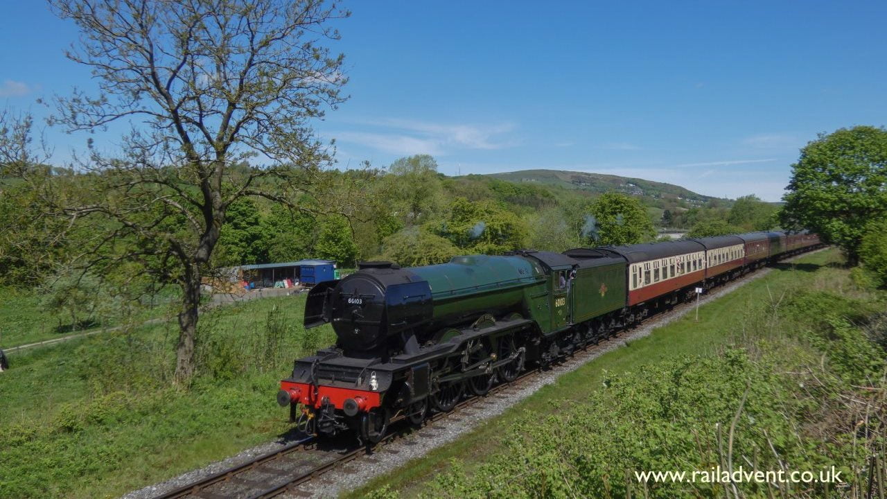 Flying Scotsman coasts towards Irwell Vale on the East Lancashire Railway