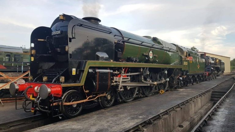 Steam locomotive 35028 Clan Line visits the Bluebell Railway