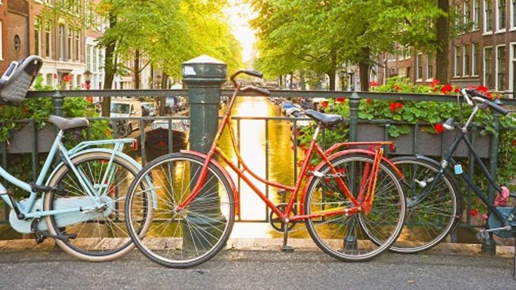 Bikes on the bridge in Amsterdam Netherlands