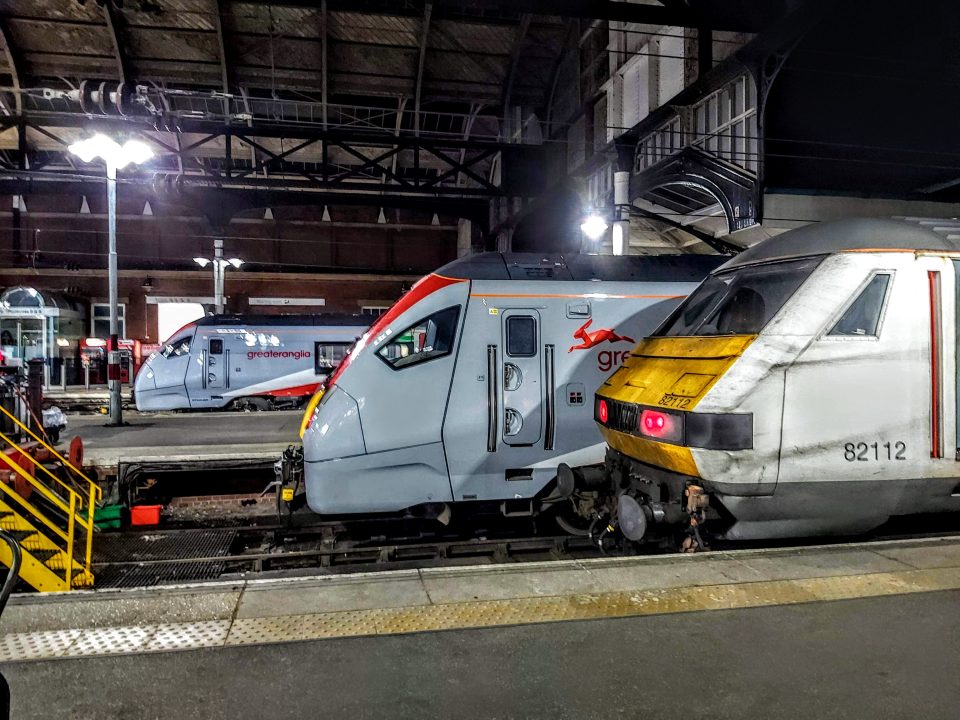 Class 90 and 745/755s sit at Norwich Station