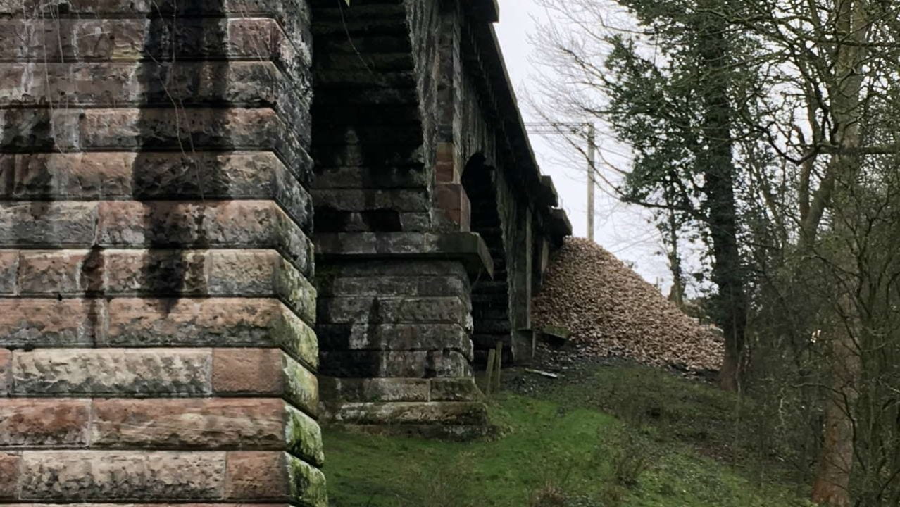 380 tonnes of stone to reinforce landslip at Dutton Viaduct near Warrington on West Coast Mainline