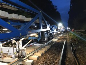 Track renewal machine on the Fareham to Eastleigh railway line