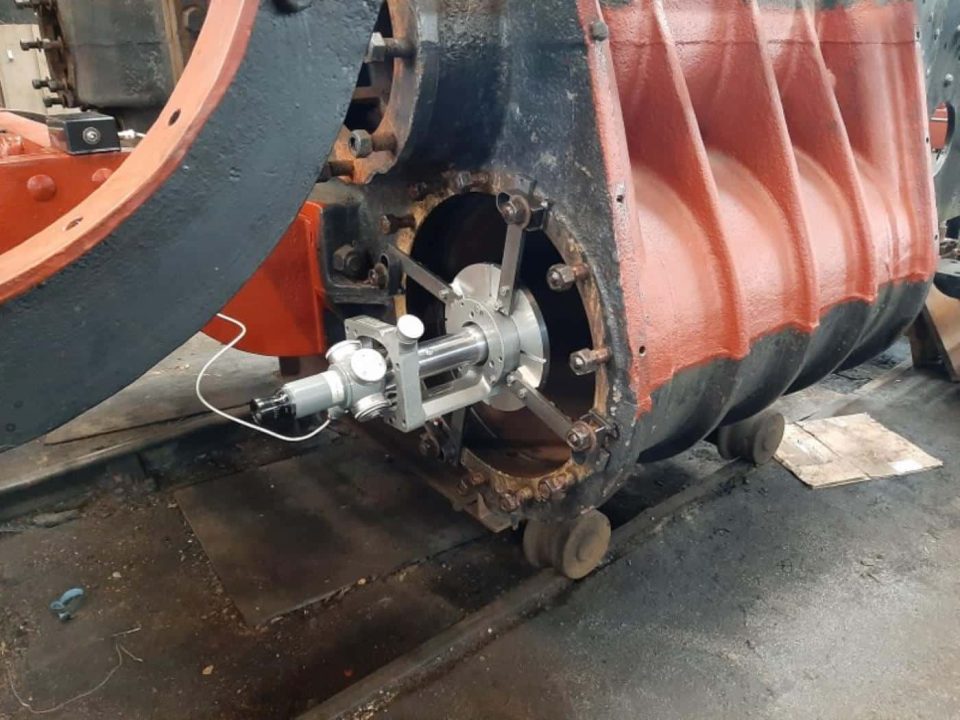 4110 steam locomotive overhaul, Optical Telescope Mounted in the front of the Left-Hand Cylinder // Credit Steve Masters