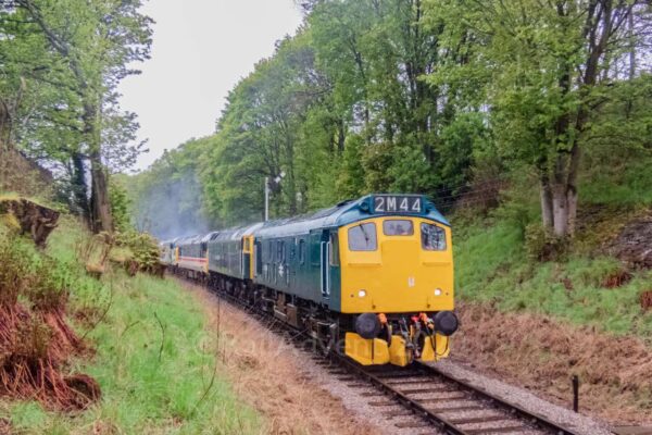 25059, 47727 'Edinburgh Castle', 50031 'Hood' and 37075 approach Oakworth - Keighley and Worth Valley Railway