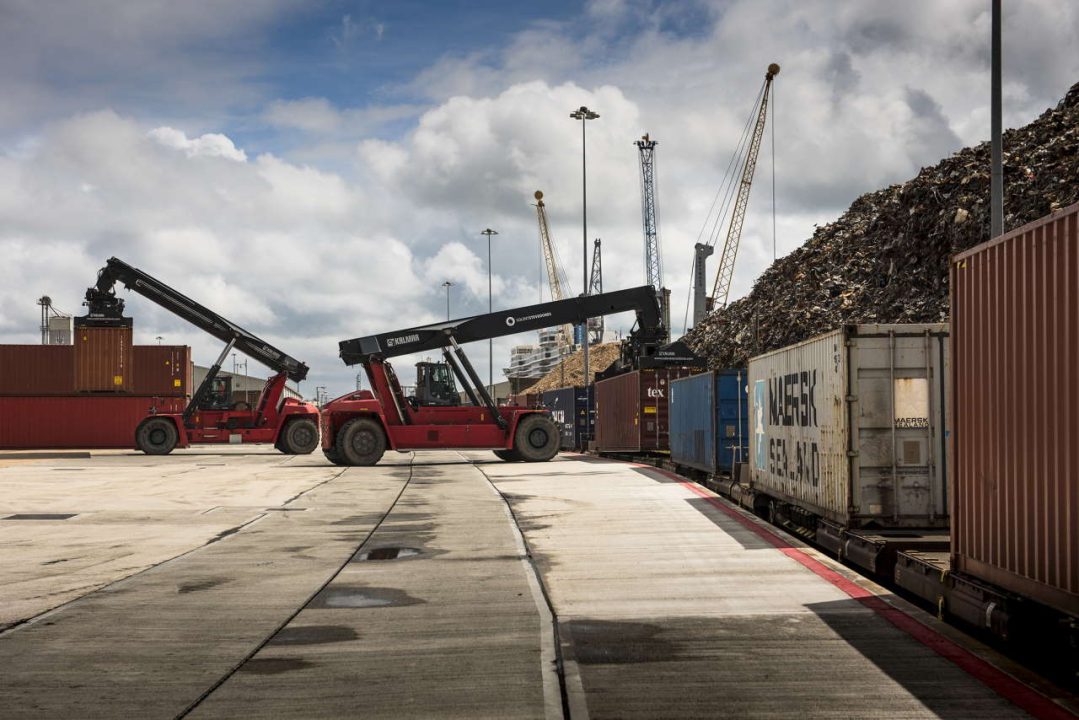 Intermodal train being loaded at the docks