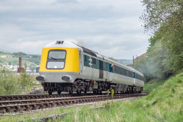 HST Powercar 41001 departs Keighley on the Keighley and Worth Valley Railway