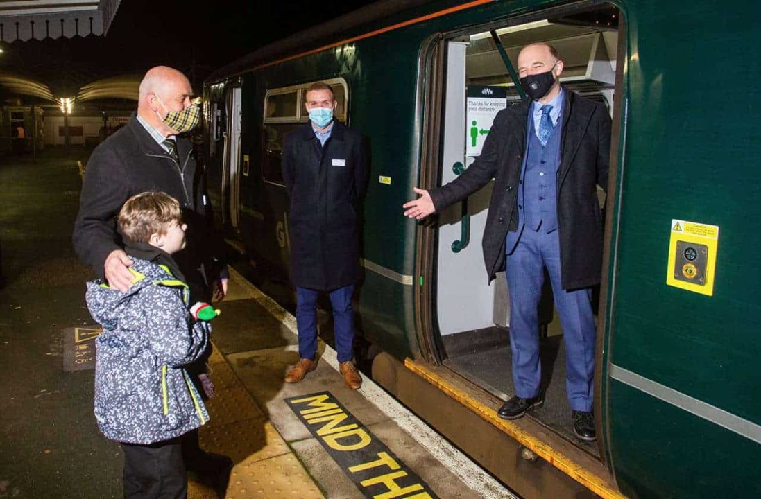 GWR Interim Managing Director Matthew Golton, and Network Rail's Christian Irwin, greet Cllr Geoff Brown and grandson Jago. Newquay Train Services