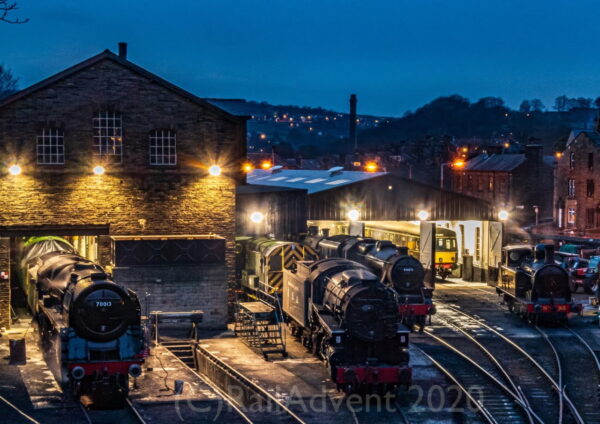 70013 Oliver Cromwell, 5820, 44871 and 85 at Haworth on the Keighley and Worth Valley Railway