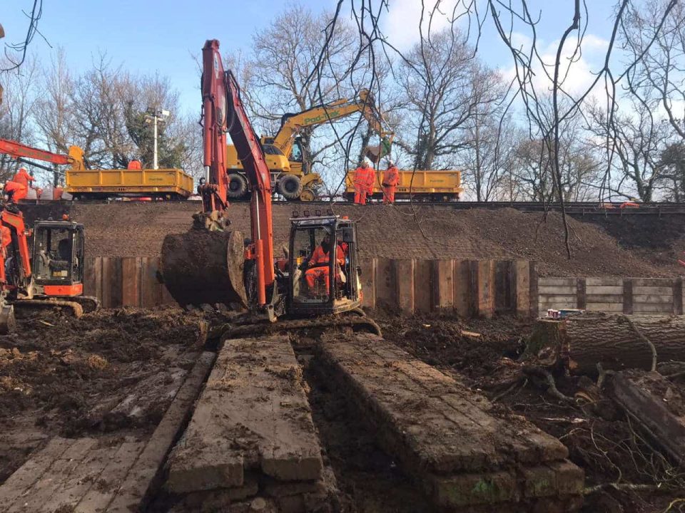 Piled wall Ockley awaiting backfilling