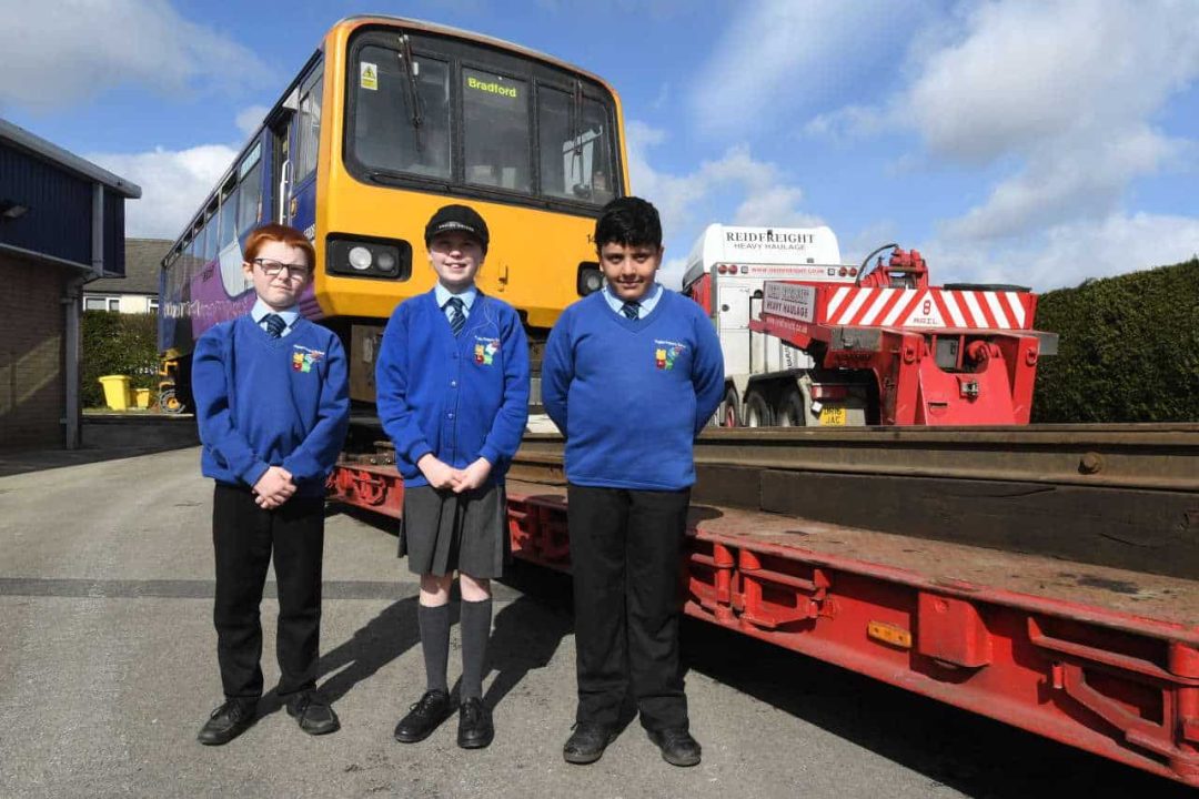 Pacer train arrives at Fagley Primary School in Bradford