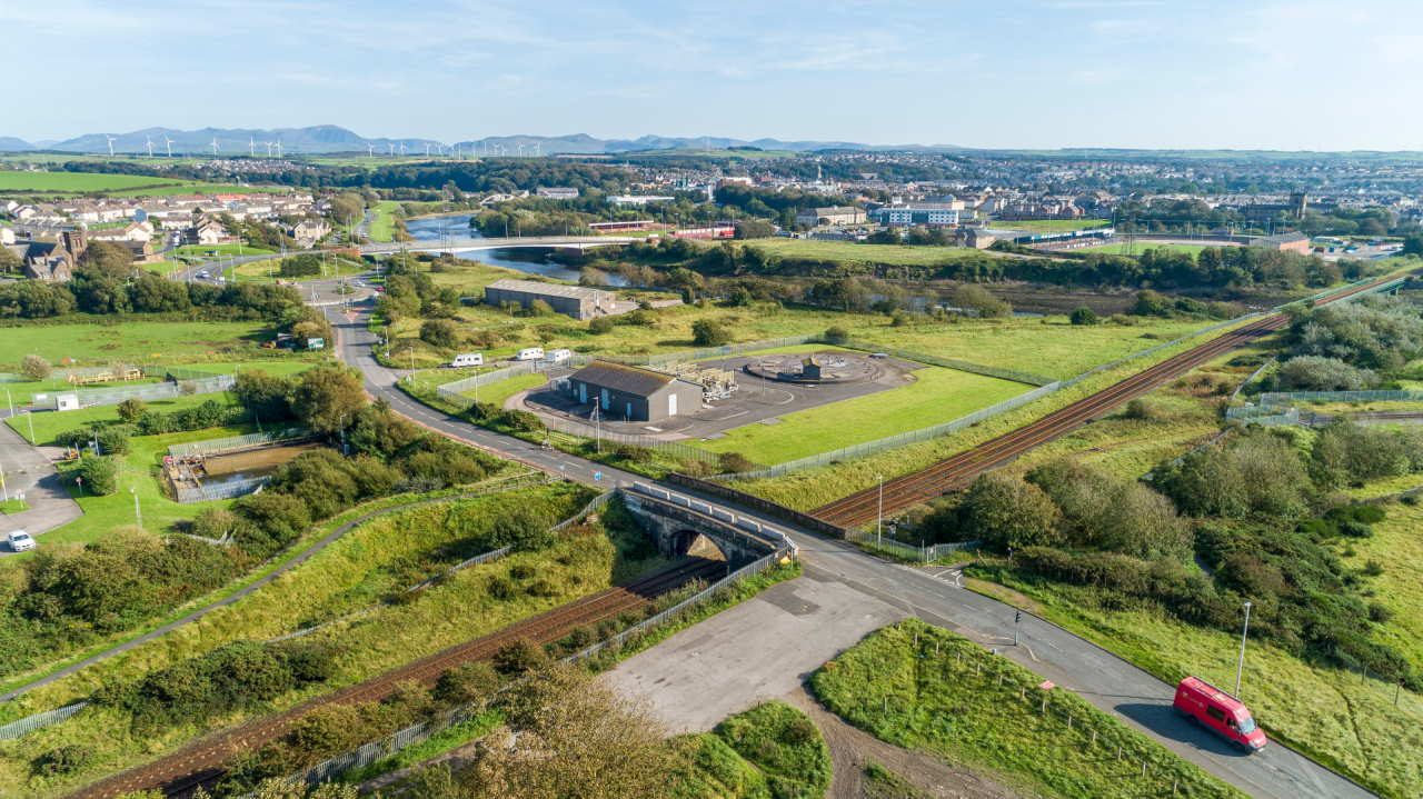 Drone shot of existing Siddick Bridge serving the Port of Workington summer 2020