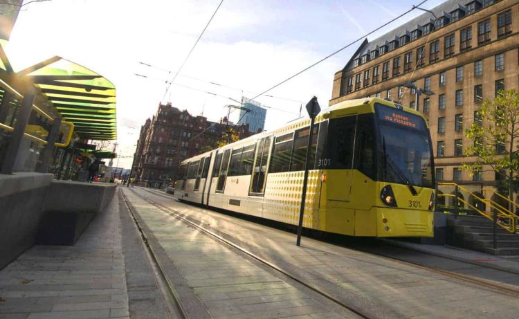 Metrolink tram at St Peter's Square stop