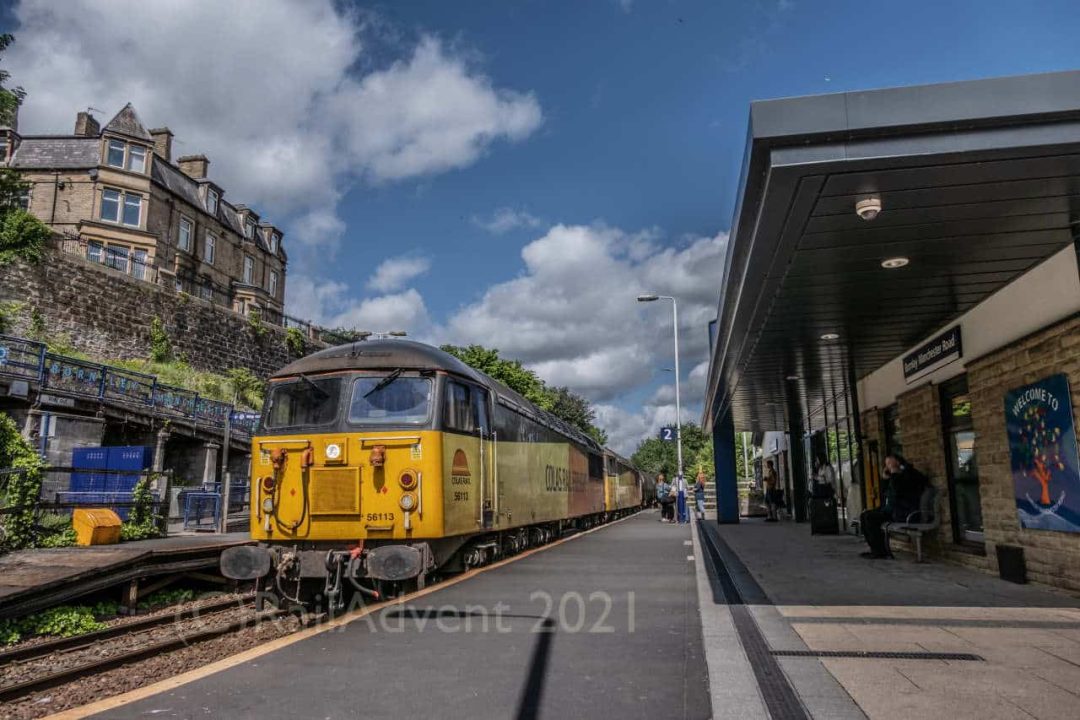 Colas Railfreight Class 56 locos pass through Burnley Manchester Road