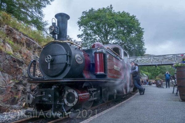 Merddin Emrys stands at Tanybwlch on the Ffestiniog Railway