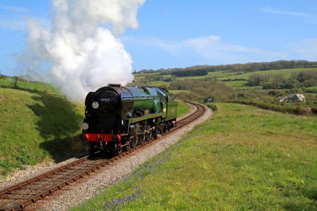 steam locomotive 34028 Eddystone on test on the Swanage Railway