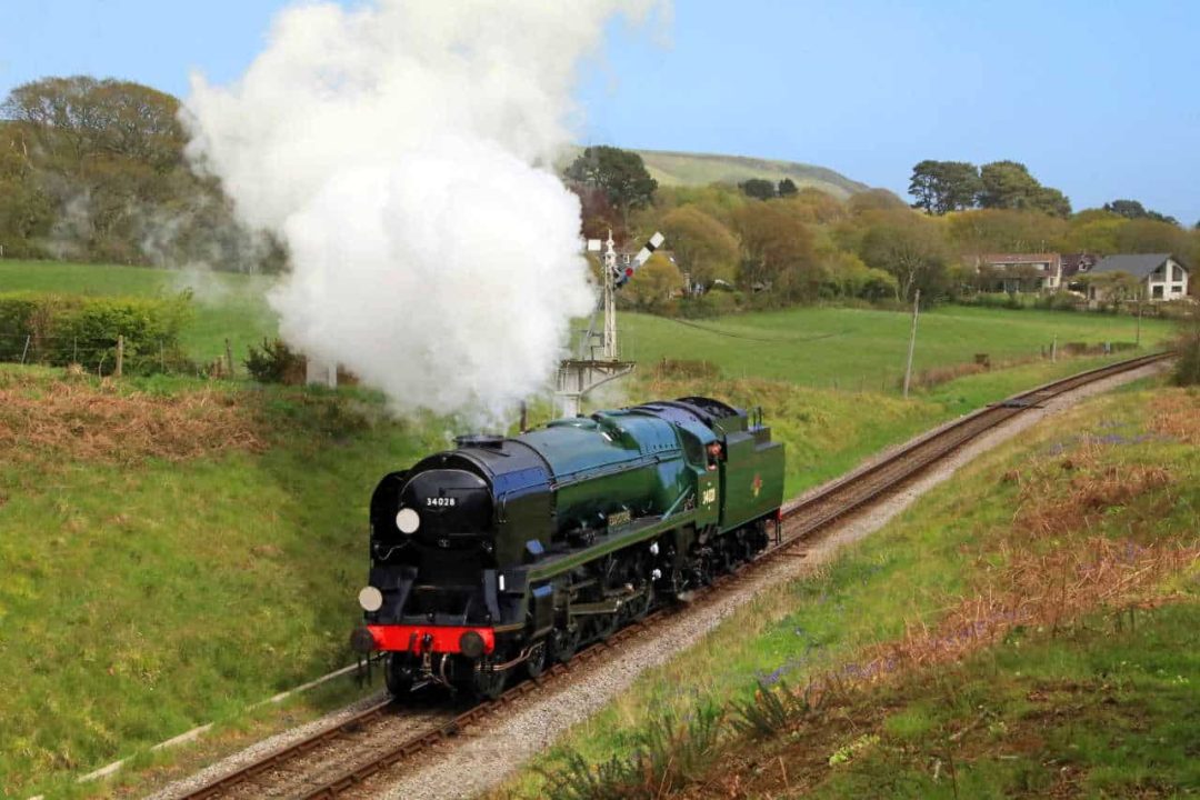 steam locomotive 34028 Eddystone on test on the Swanage Railway