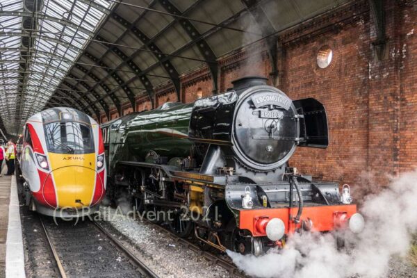 Flying Scotsman and LNER Azuma stand at Darlington station