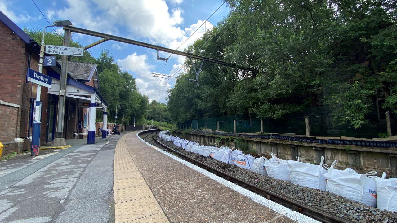 Dinting station with bags of track foundation stone in place ready for the work to begin