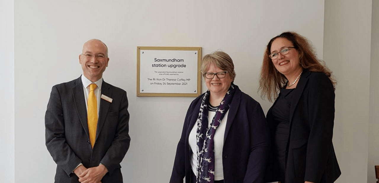 L-R Greater Anglia Head of Corporate Affairs Jonathan Denby, Rt Hon Therese Coffey MP, Greater Anglia Asset Management Director Simone Bailey