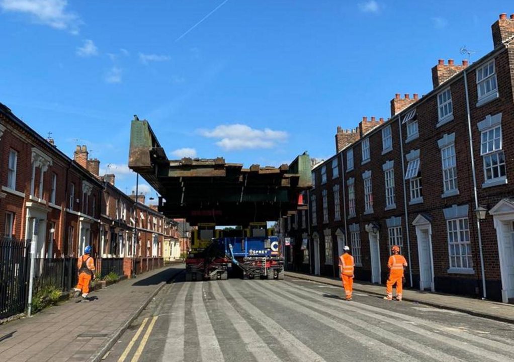 Warrington Central station bridge being removed down street