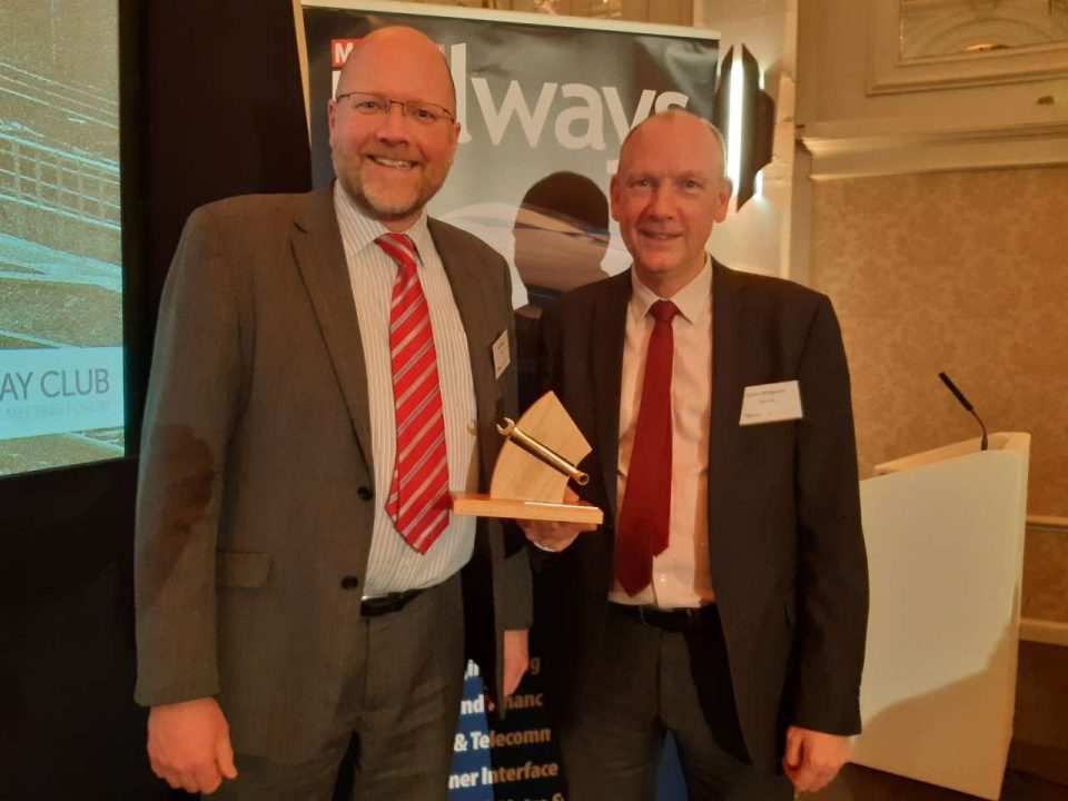 L-R Paul Staples TransPennine Express and Simon Wildgoose Siemens accept the Golden Spanner for the Class 185 trains (002)