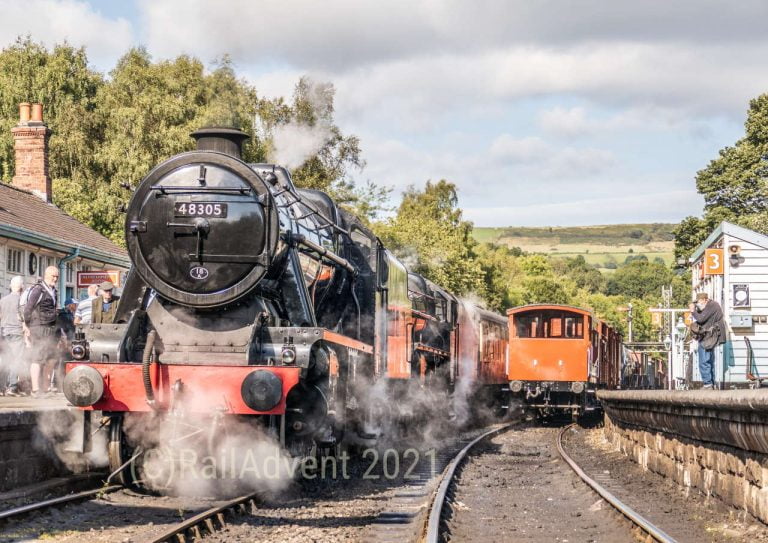 48305 and 5428 stand at Grosmont, North Yorkshire Moors Railway