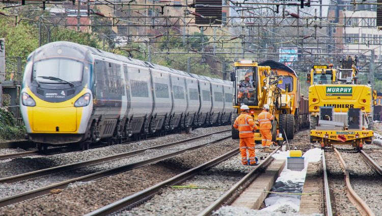 Avanti West Coast train passing Willesden track upgrade worksite March 2021 (2)