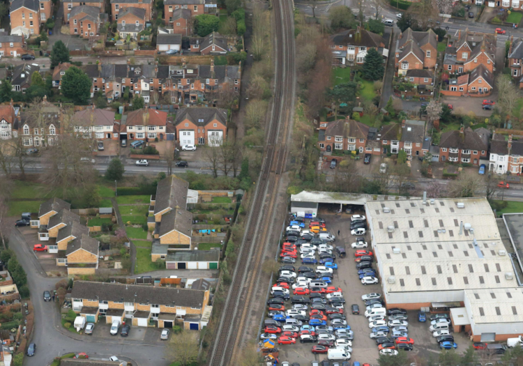 A445 Rugby Road railway bridge Leamington Spa aerial view