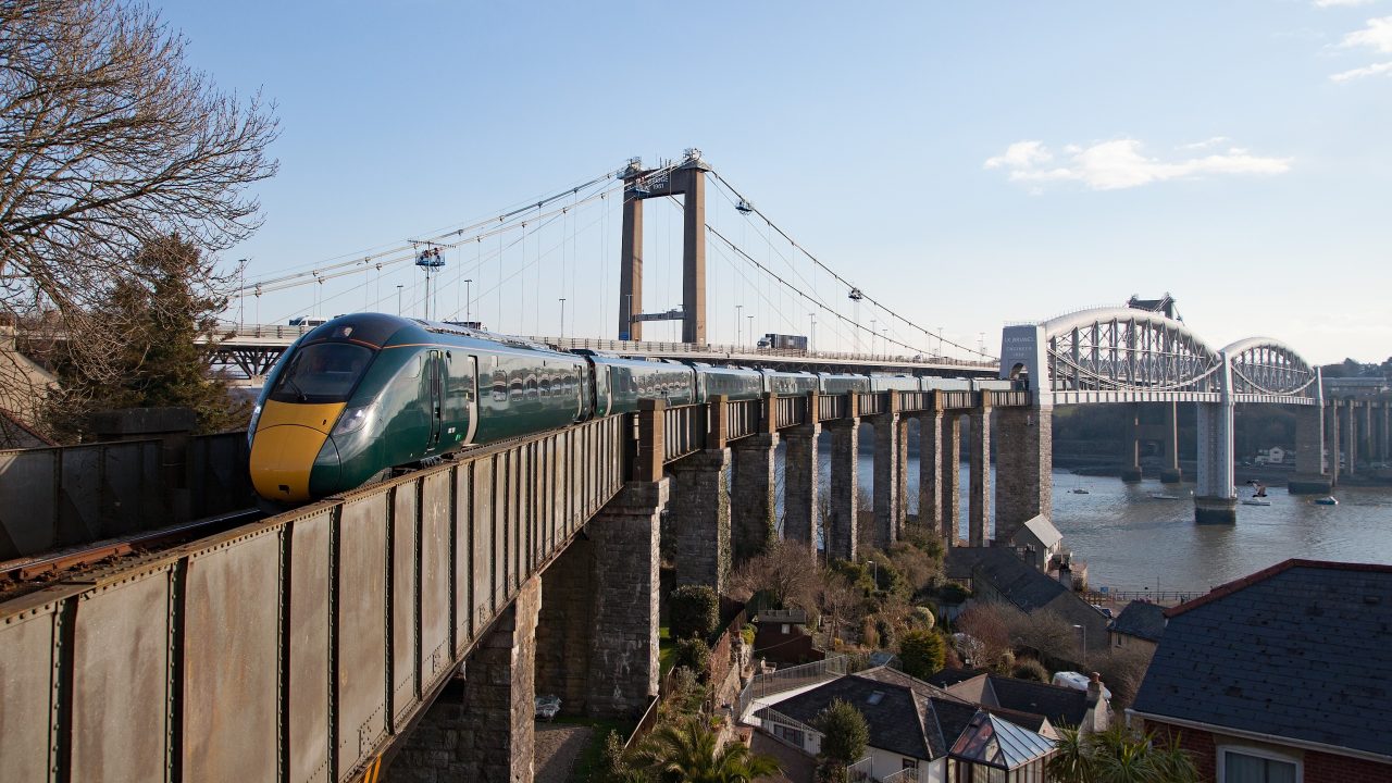 Great Western Railway Class 802 802101 crosses the railway bridge at Saltash