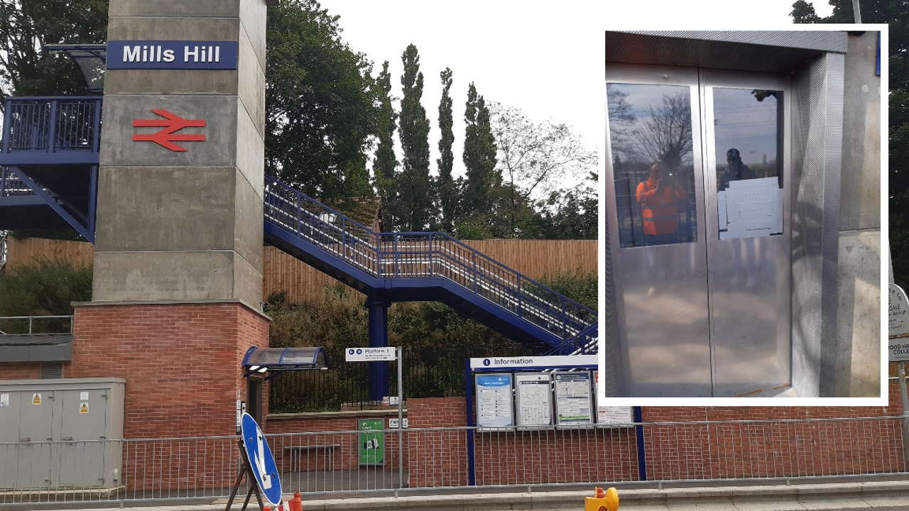 Mills Hill station exterior and damage composite