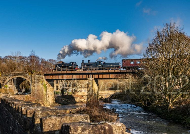 51456 and 52322 pass over Summerseat Viaduct, East Lancashire Railway