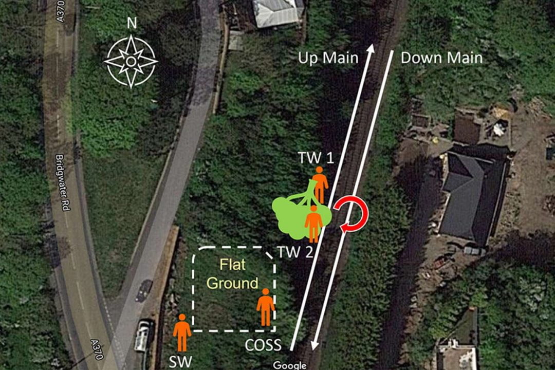 Site plan showing the track workers’ intent to rotate the tree to allow it to be dragged to the area where the embankment flattened (not to scale)