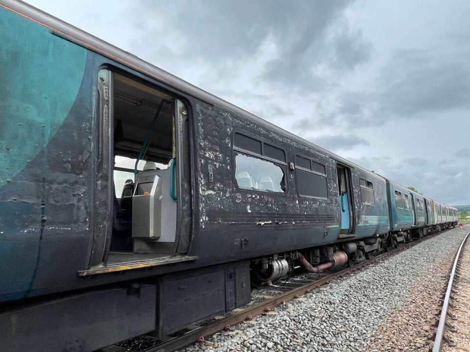 Fire damage to the Class 150 after a collision with a digger