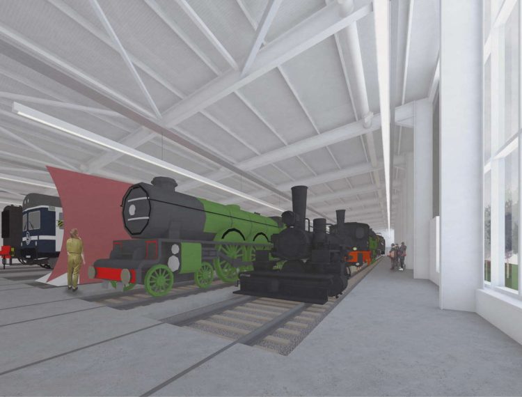 Proposed interior view of the new collection building at Locomotion - AOC Architecture with J&L Gibbons landscape