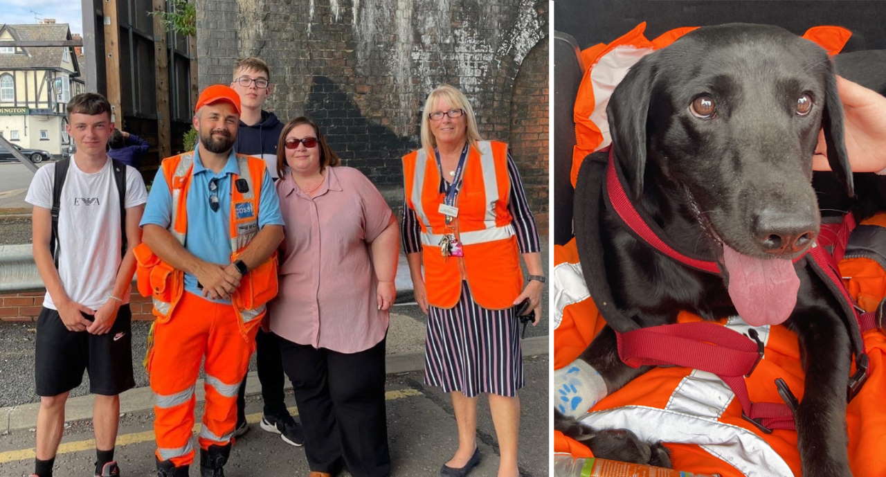 George's owner's mum and friends pose with station manager Bernie Lee (right) and Mobile Operations Manager Terry Prestedge - and George