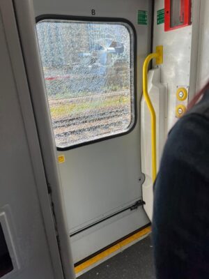 Shattered window on train into Hull Paragon Station