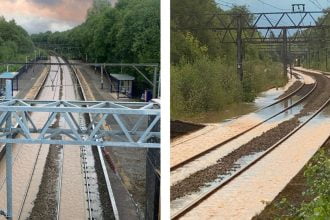 Video footage shows flooding to Manchester railway line after burst water main