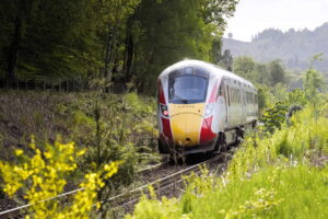 LNER Azuma train in the Perthshire countryside near Dunkeld and Birnam station on the Highland line