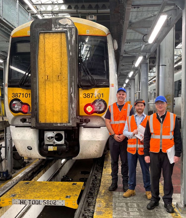 First-in-class 387 leaves for ETCS fitment. Pictured from left are: Govia Thameslink Railway ERTMS Fleet Project Manager Aaron Meakin, Alstom Lead Project Manager Ian Coleman and Porterbrook Fleet Engineer Mick Ridgeway