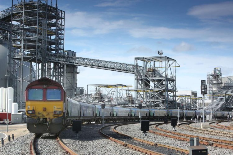 Freight train leaving Drax Power Station