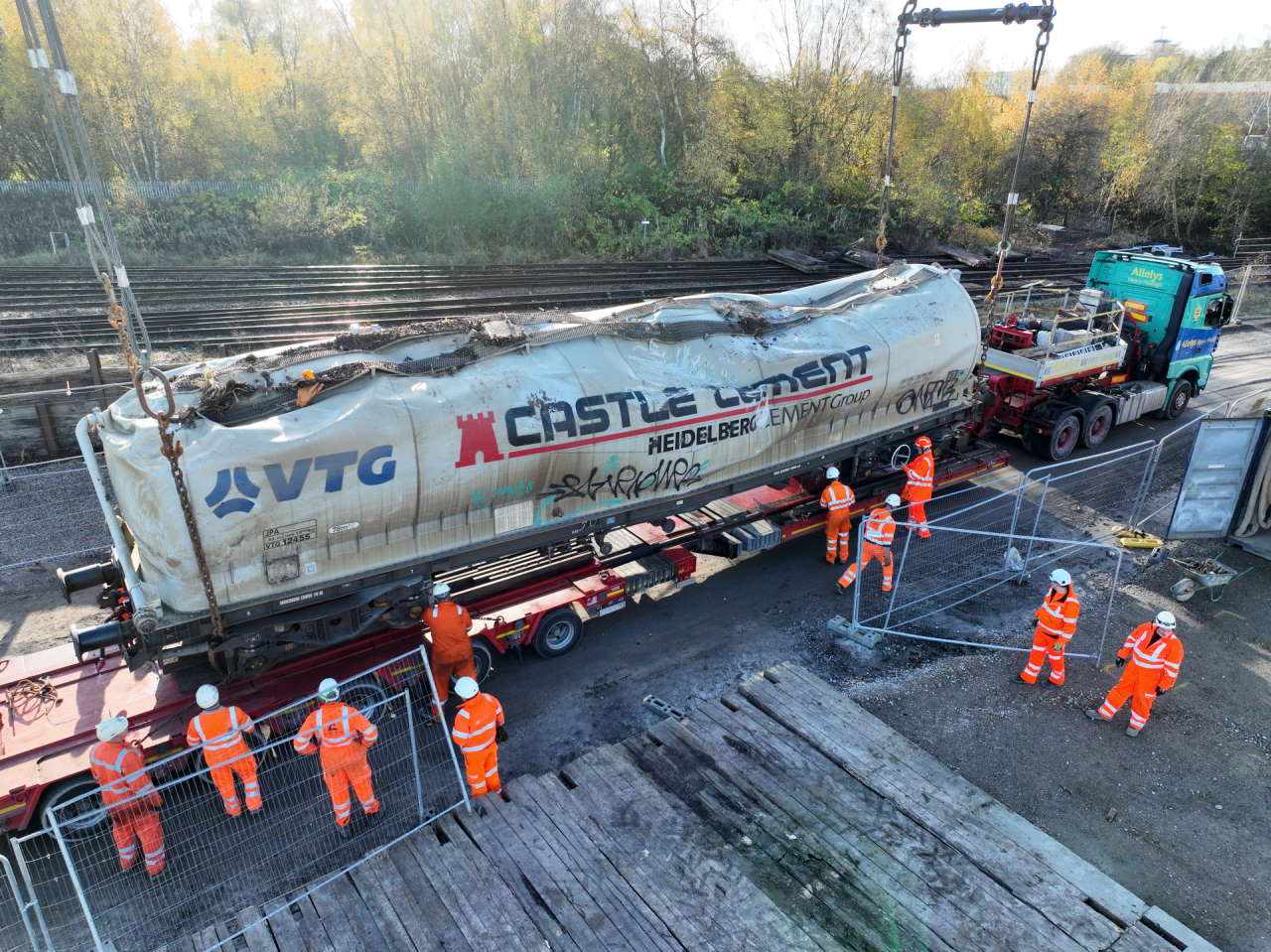 Wagon successfully on back of low loader lorry for removal