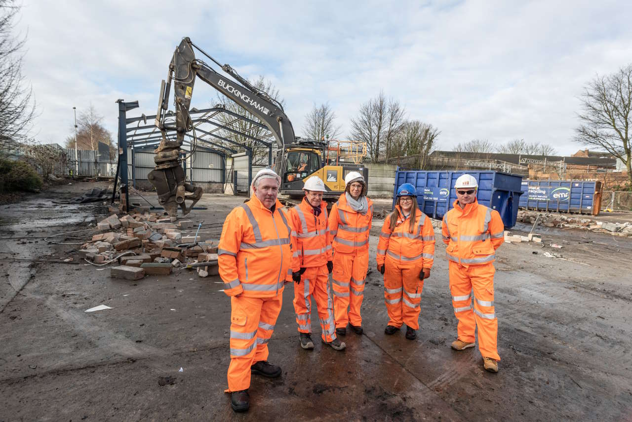 From left Cllr Adrian Andrew (Walsall Council), West Midlands Mayor Andy Street, Angela Prescott (West Midlands Trains), Leanne Brooks (Network Rail) and Matt Brown (WMRE)