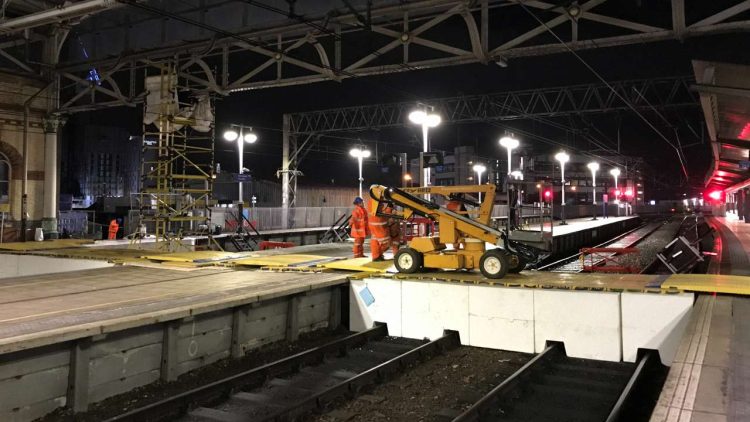 View of platform bridge made of polystyrene for Piccadilly roof repairs