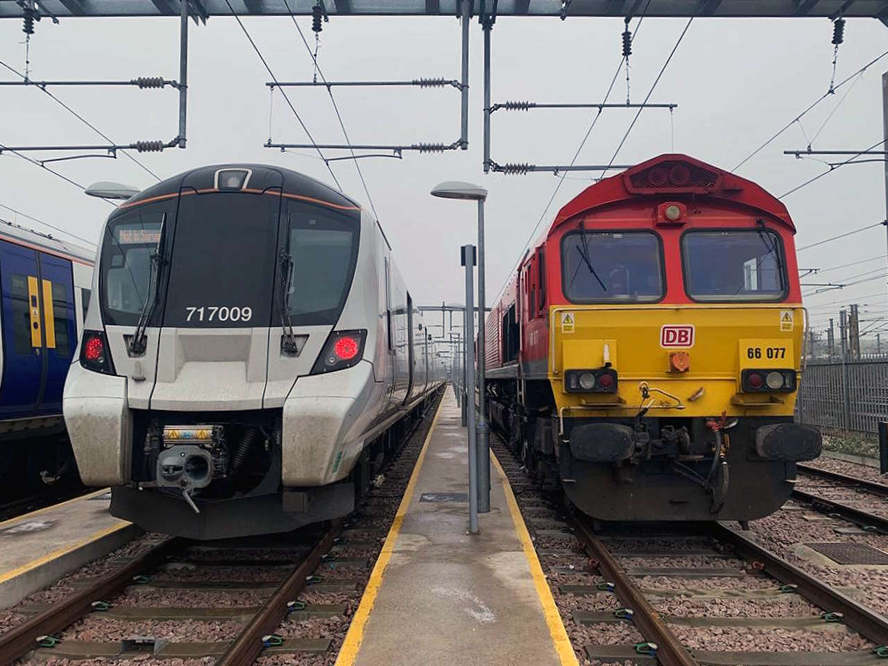 GTR's Class 717 Great Northern train stood alongside DB Cargo's Class 66 locomotive at GTR’s Hornsey depot