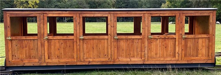 Bogie Coach 1 (Seats 12 Adults)Built 2010 (approx.) on original Severn Lamb Bogies // Credit: Rhiw Valley Light Railway